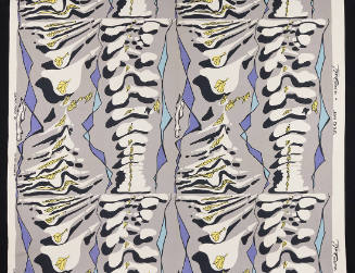 Textile with light grey ground and abstract pattern of off-white vertebrae-like designs with sm…