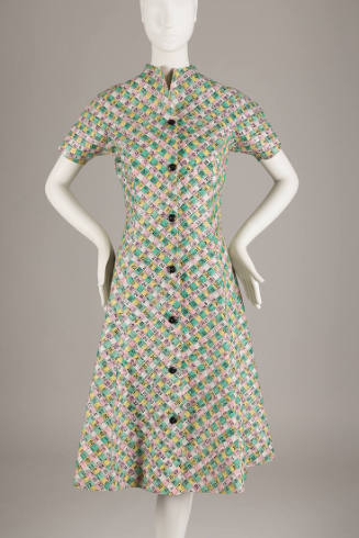 Short sleeve knee length A-line collarless dress made of pink, yellow, green and white interwov…