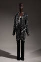 Black open front evening jacket with all-over silver and copper beaded designs in abstract wave…