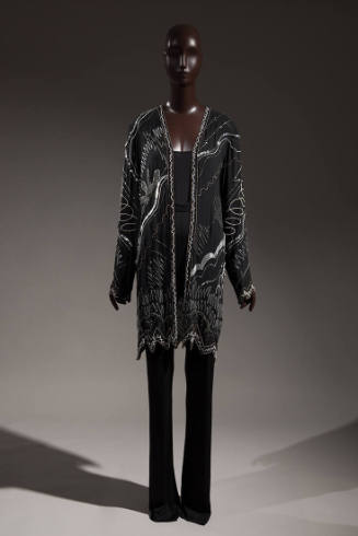Black open front evening jacket with all-over silver and copper beaded designs in abstract wave…