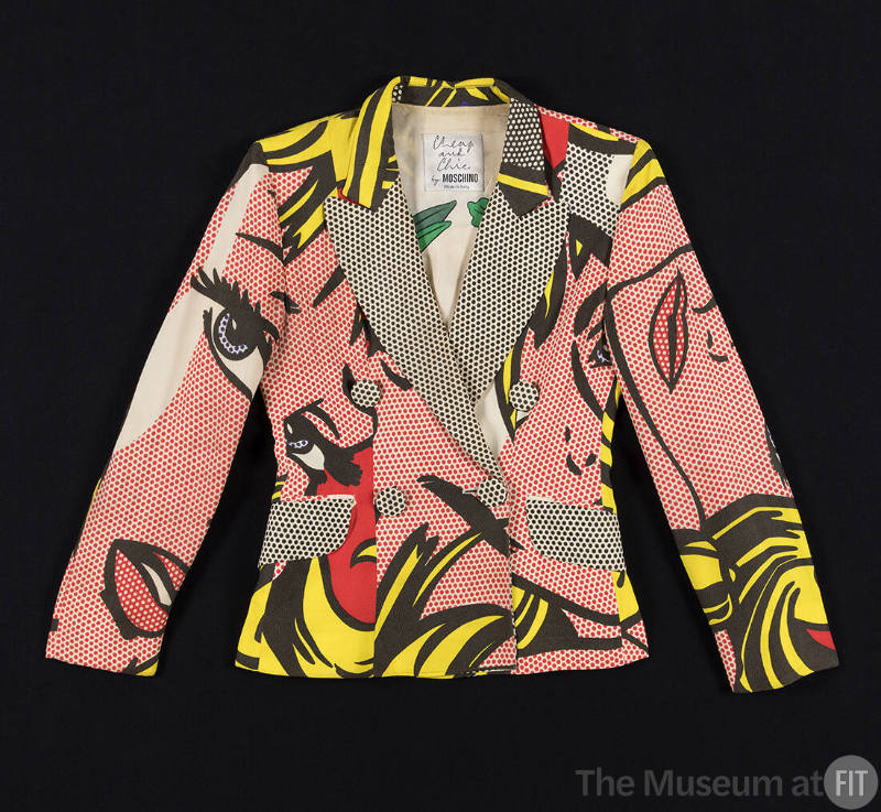 Double breasted blazer with pink, white, red, yellow, blue and black Roy Lichtenstein comic boo…