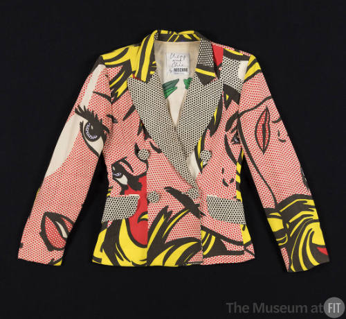 Double breasted blazer with pink, white, red, yellow, blue and black Roy Lichtenstein comic boo…