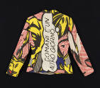 Back view of Lichtenstein print blazer with large vertical comic text inside white speech bubbl…