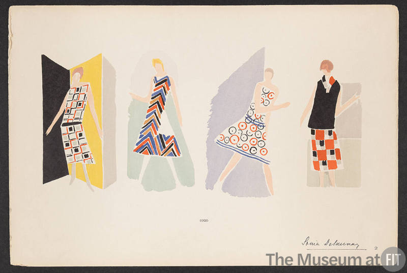 Print of four women in dresses of various abstract prints each in front of a large color blocke…