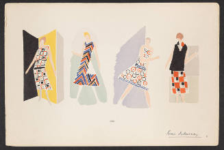 Print of four women in dresses of various abstract prints each in front of a large color blocke…