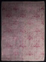 Rectangular velvet textile of purple floral and line motifs on ground that is grey on left and …