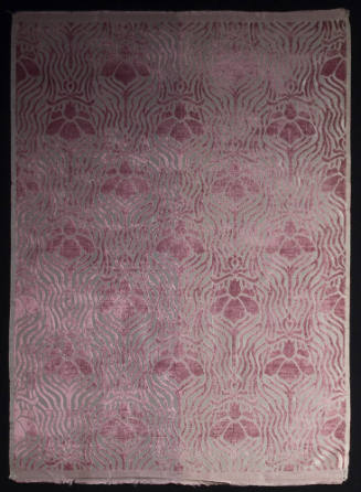 Rectangular velvet textile of purple floral and line motifs on ground that is grey on left and …