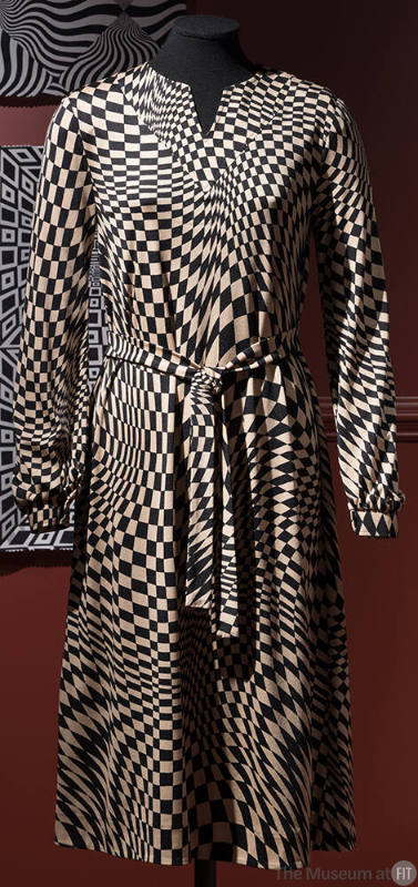 Beige and black Op-art checkerboard print calf-length dress with notch neck, long sleeves and t…