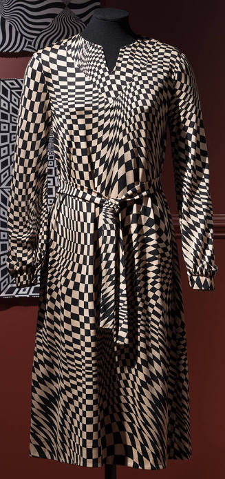 Beige and black Op-art checkerboard print calf-length dress with notch neck, long sleeves and t…