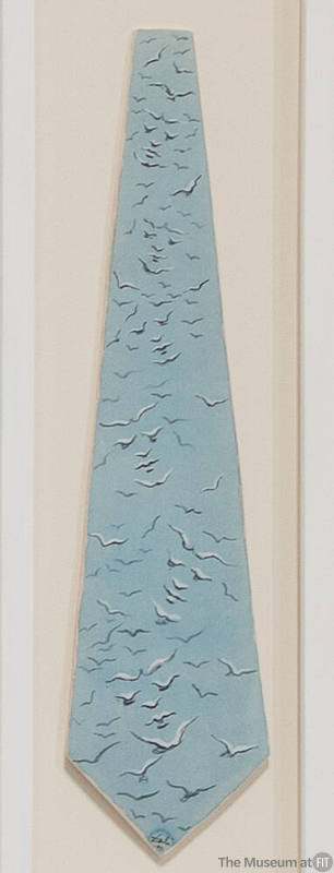 Painted design on card of a light blue necktie with blue and white flying birds throughout and …