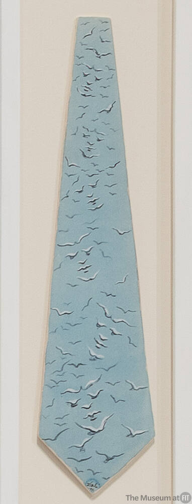 Painted design on card of a light blue necktie with blue and white flying birds throughout and …