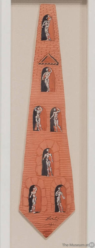 Painted design on card of an orange necktie with black and white nude figures standing in archi…