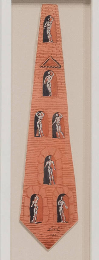 Painted design on card of an orange necktie with black and white nude figures standing in archi…