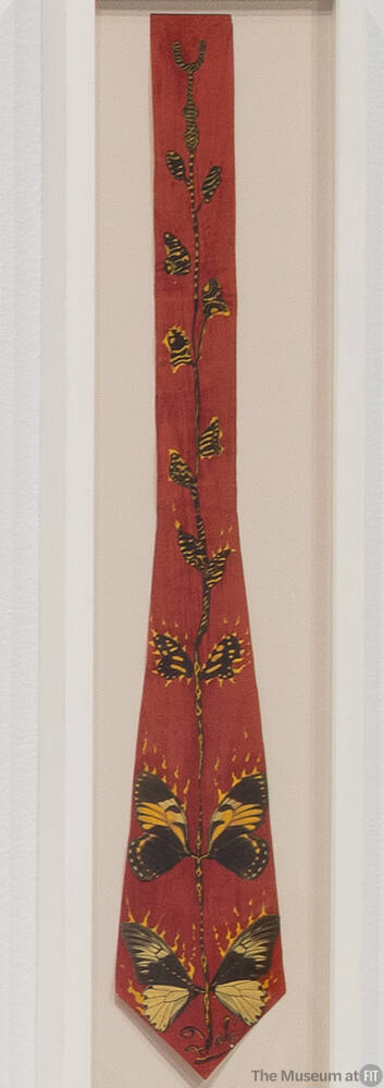 Painted design on card of a red necktie with butterflies in black, yellow and orange  