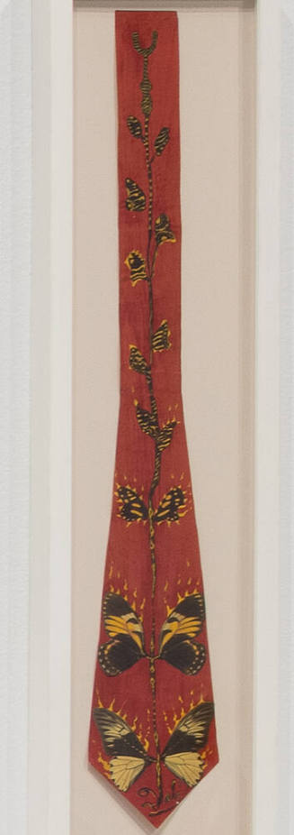 Painted design on card of a red necktie with butterflies in black, yellow and orange  