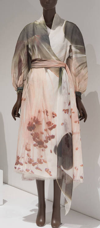 Ivory calf-length wrap dress with painted green, pink and brown watercolor motifs, ¾ length sle…