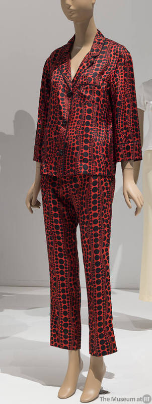 Red and black dot and waves print pajama set of long sleeve button front top and ankle length p…