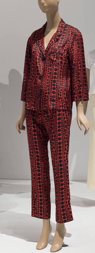 Red and black dot and waves print pajama set of long sleeve button front top and ankle length p…