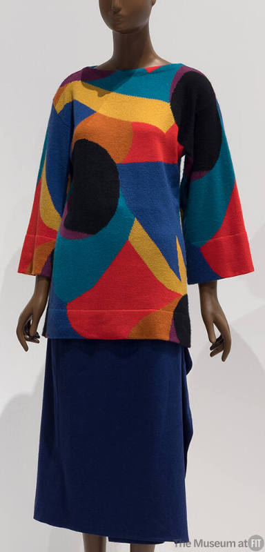 Set of blue, black, orange, red, purple, green abstract geometric design long flared sleeve swe…