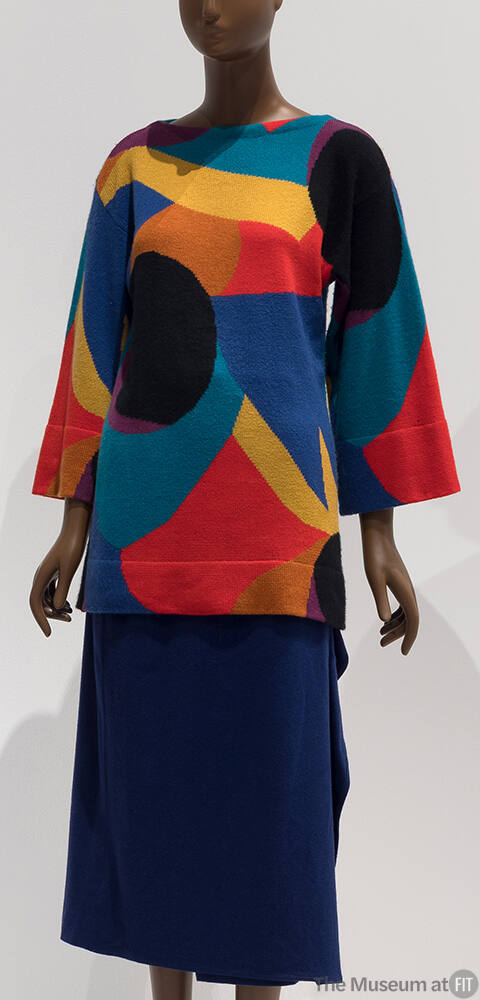 Set of blue, black, orange, red, purple, green abstract geometric design long flared sleeve swe…