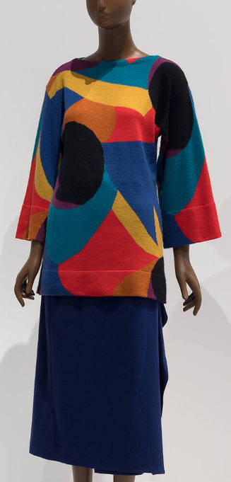 Set of blue, black, orange, red, purple, green abstract geometric design long flared sleeve swe…