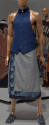 Ensemble of blue waistcoat vest with single button at neck, grey and blue batik layered wrap sk…