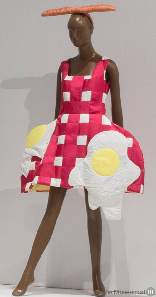 Red and white checked tablecloth dress with two applique eggs on skirt, structured oversize pan…