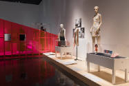 Doll Dressing exhibition installation view of two platforms with dressed mannequins and objects…