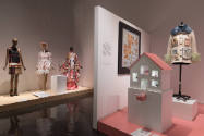 Doll Dressing exhibition installation view of the gallery with a platform of three dressed mann…