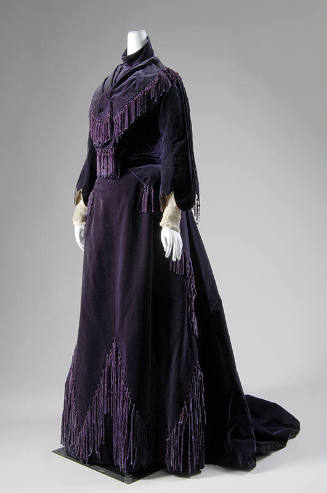 Deep purple gown with fringe and tassels, bell sleeves and floor length skirt with train