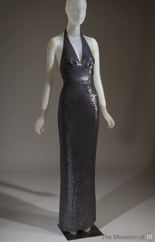 Dark grey sequined floor-length evening dress with halter top
