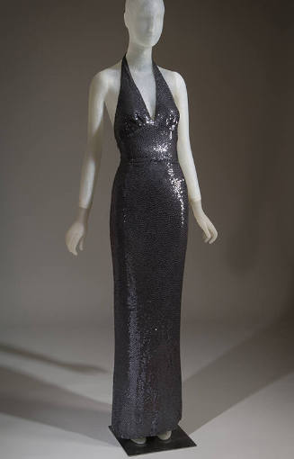 Dark grey sequined floor-length evening dress with halter top