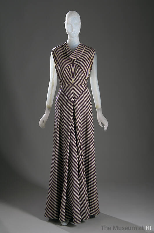 Floor length white, violet and lavender striped evening dress with cap sleeves, diamond shaped …