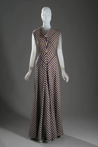 Floor length white, violet and lavender striped evening dress with cap sleeves, diamond shaped …