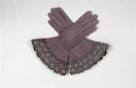 Pair of grey suede gloves with wide beaded cuffs