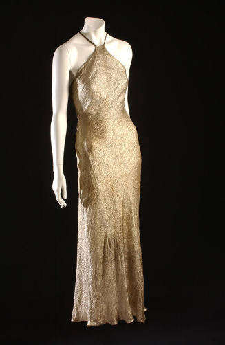 Silver lamé floor-length sheath evening dress with halter neck tie
