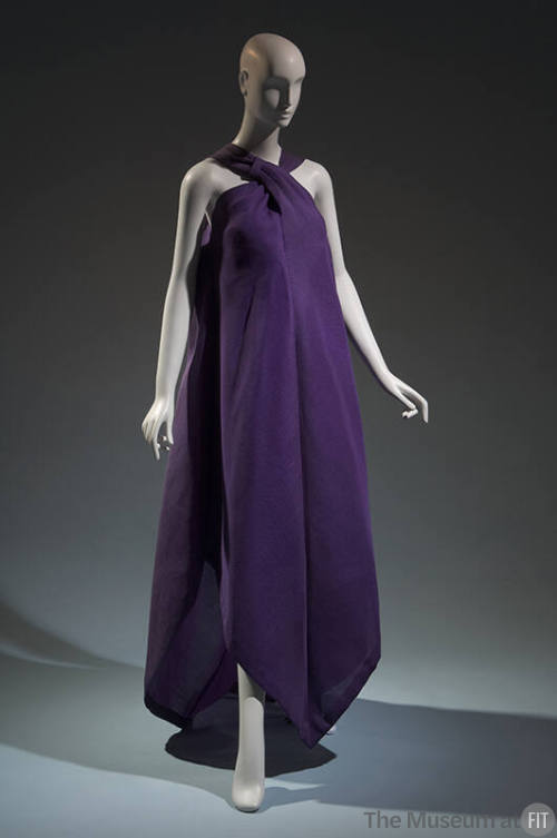 Purple floor-length sleeveless a-line dress with crossed halter neckline