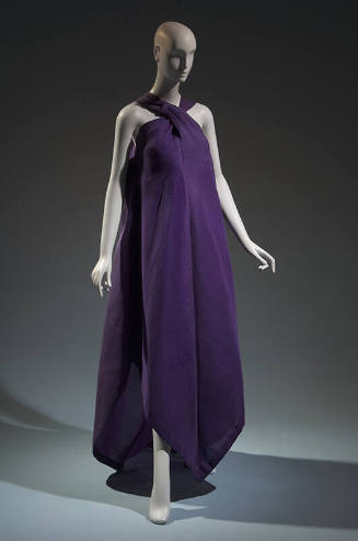 Purple floor-length sleeveless a-line dress with crossed halter neckline