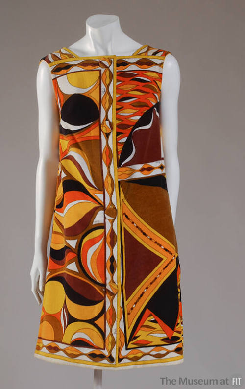Sleeveless mini shift dress printed with asymmetrical abstract pattern in black, olive green, a…
