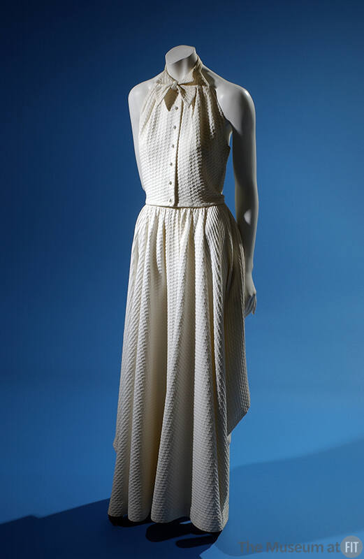 white two-piece dress: tuxedo halter top with collar and full skirt
