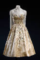Cream silk satin strapless evening dress with multicolor wheat and floral embroidery on bodice …