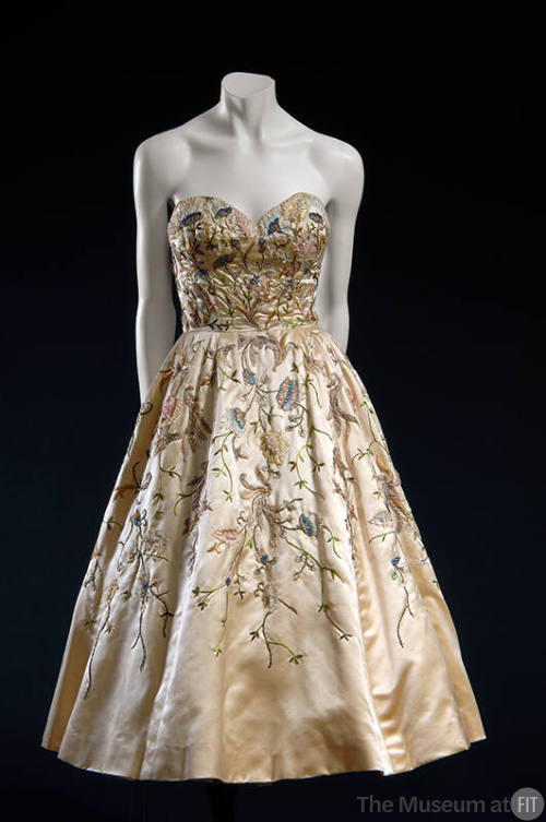 Cream silk satin strapless evening dress with multicolor wheat and floral embroidery on bodice …