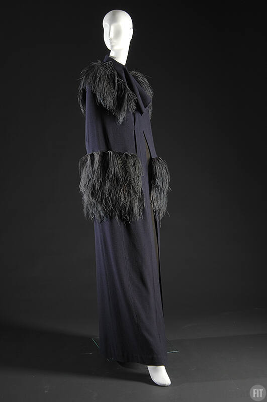 Full length dark purple evening cape with matching ostrich feather trim and shoulder and hip