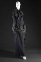 Full length dark purple evening cape with matching ostrich feather trim and shoulder and hip