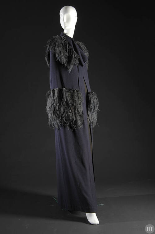 Full length dark purple evening cape with matching ostrich feather trim and shoulder and hip