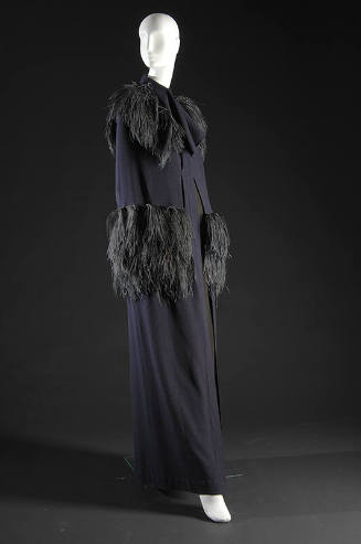 Full length dark purple evening cape with matching ostrich feather trim and shoulder and hip