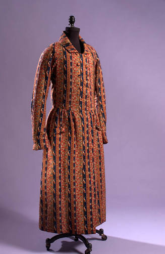 Man’s floor length double breasted dressing gown in multicolor vertical paisley stripe pattern