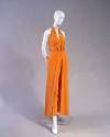 Orange wide leg pants with halter top and belt with self tie bow 