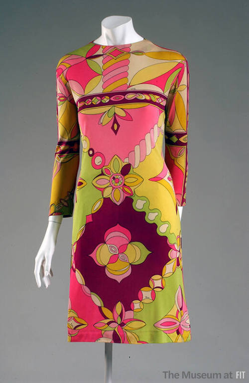 3/4 sleeve shift dress in pink, yellow, and green print with geometric flowers and shapes