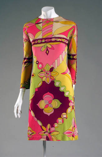 3/4 sleeve shift dress in pink, yellow, and green print with geometric flowers and shapes